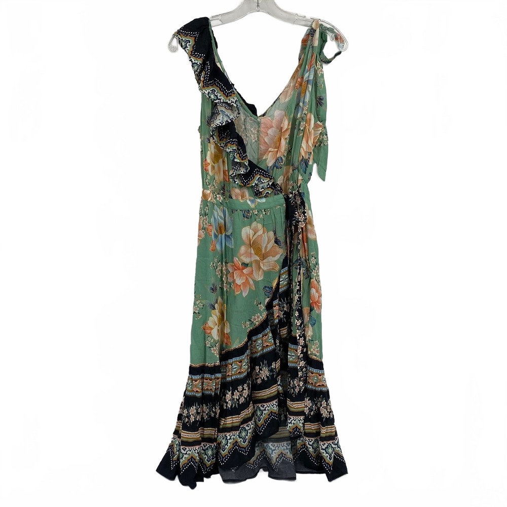 FARM Rio Green Orange Midi Dress Floral Wrap | Womens S